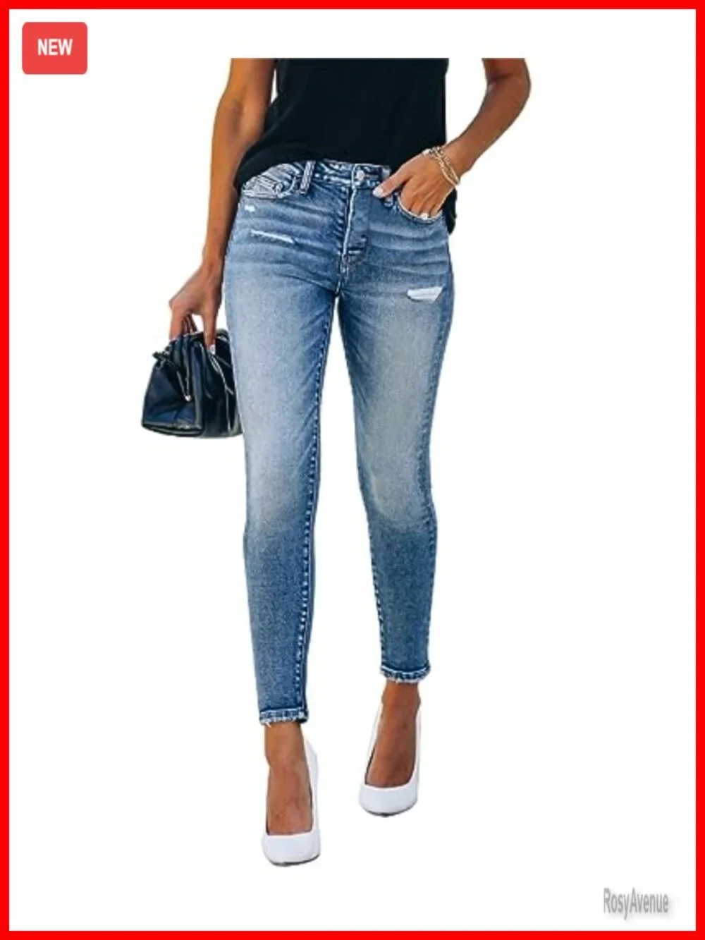 Mid Rise Skinny Jeans Ripped Distressed Stretchy Denim Pants